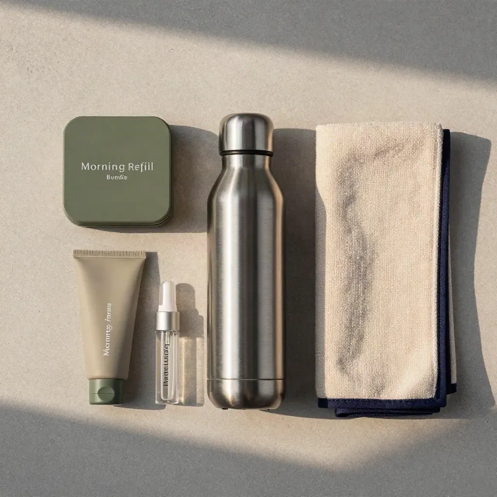 Overhead hydration bundle flatlay with bottle, powders, tablets, drops and towel on pale concrete.