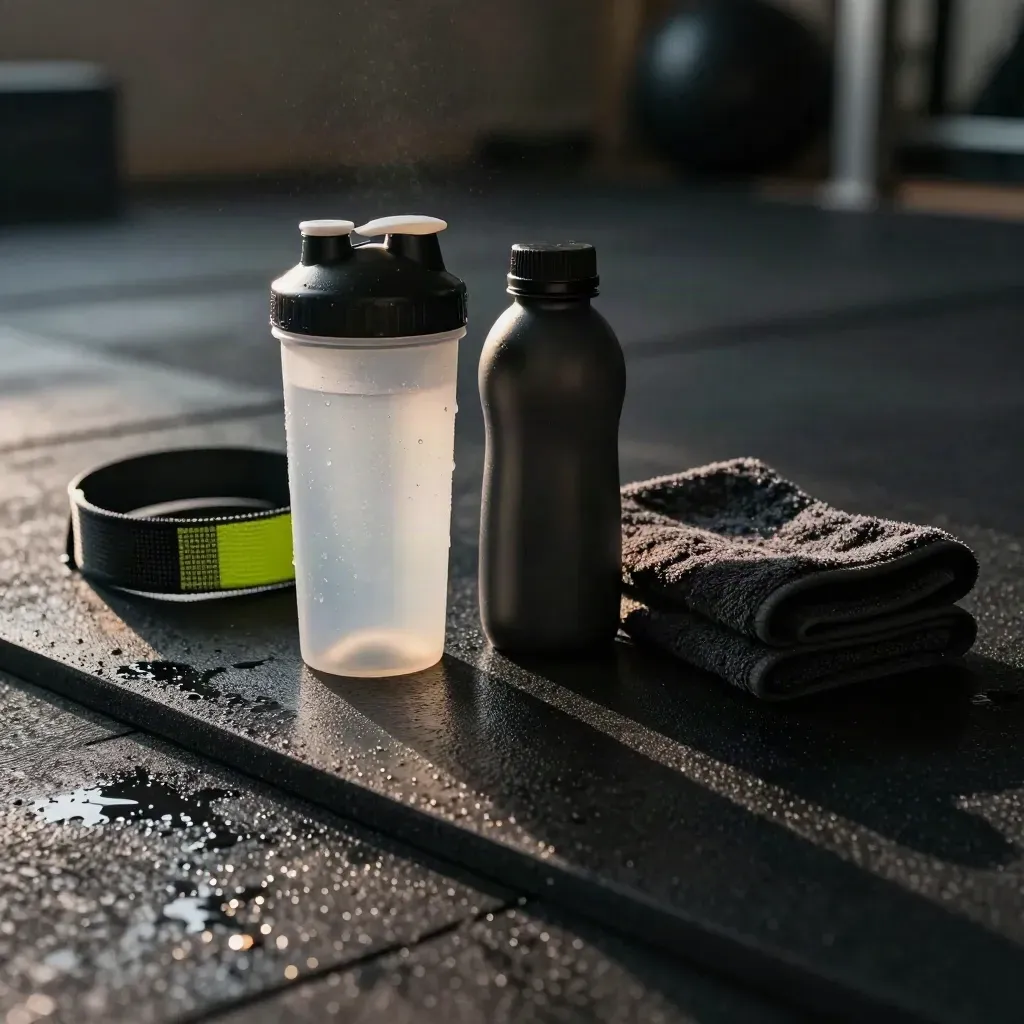 Blank shaker, recovery drink, towel and strap on a wet gym mat in dramatic diagonal light.
