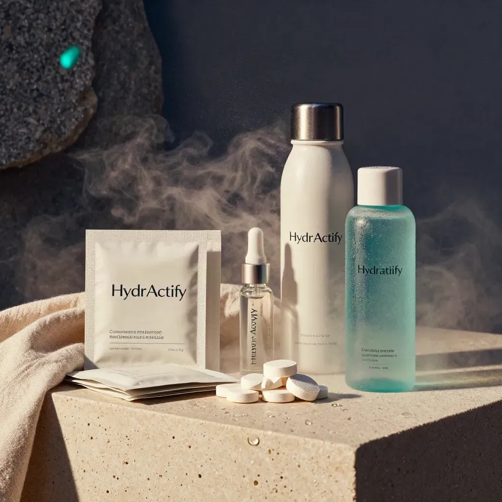 Hydr Actify starter hydration products bursting through mist on travertine