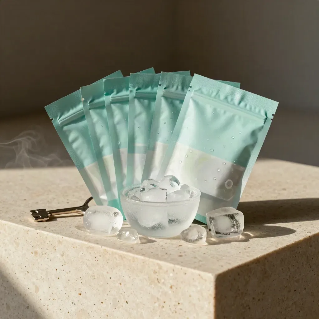 Six unbranded hydration pouches with ice and a clear scoop on travertine.