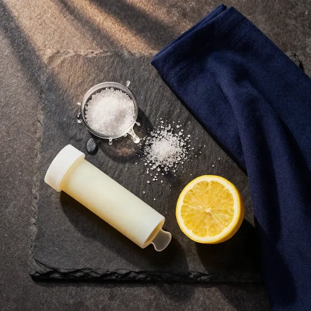 Overhead lemon electrolyte tub, scoop, lemon half, salt crystals, and navy cloth on dark stone