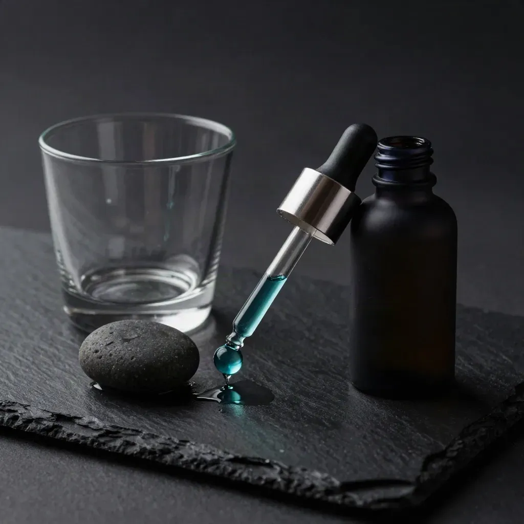 Mineral drops bottle, dropper bead, wet pebble and clear tumbler on black stone in moody studio light