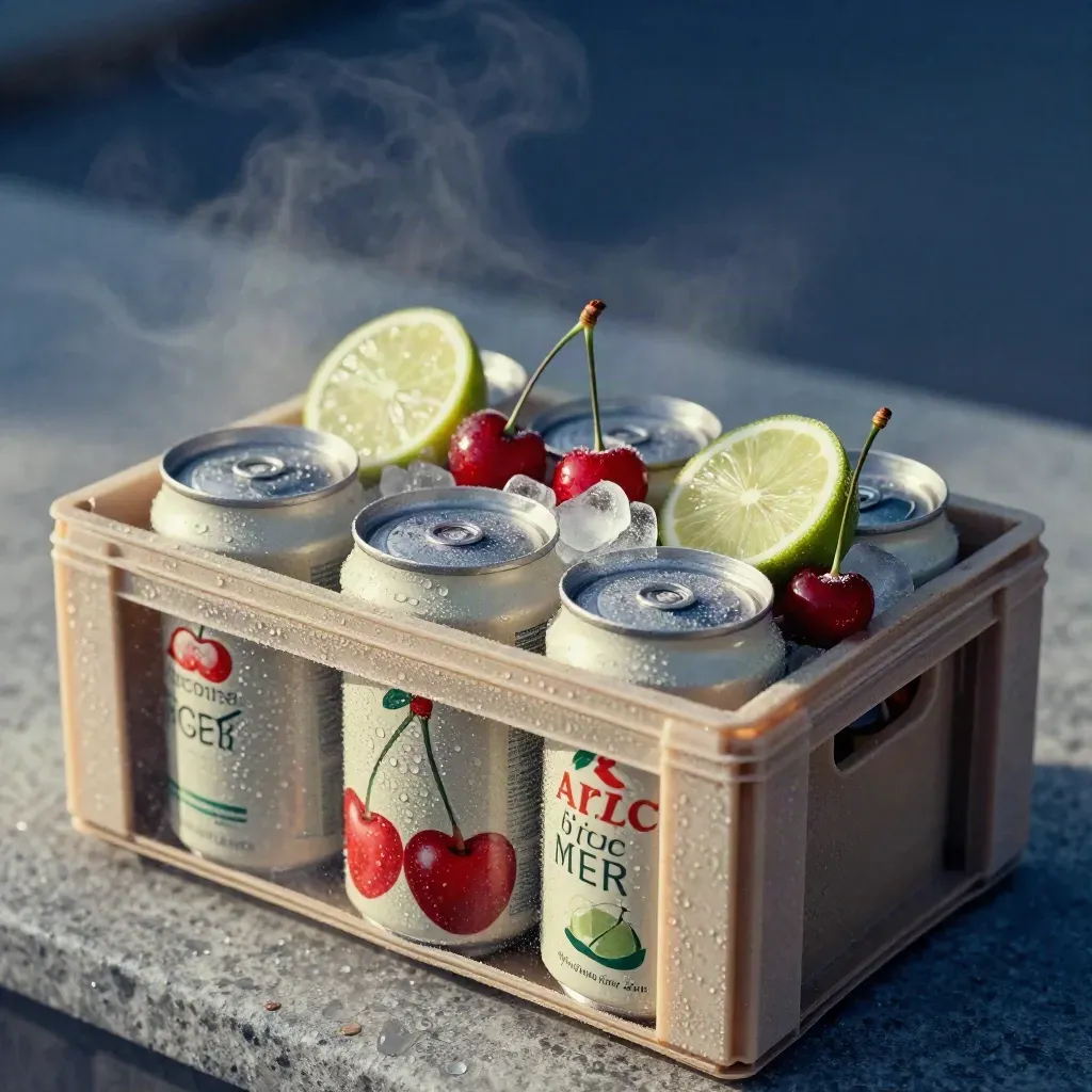 Chilled cherry lime recovery six-pack in a frosted crate with ice, cherries, and lime slices.
