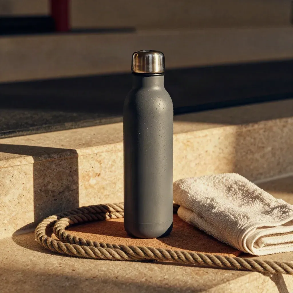 Insulated bottle on cork mat with climbing rope, folded towel, and cool vapor in a dramatic side beam.