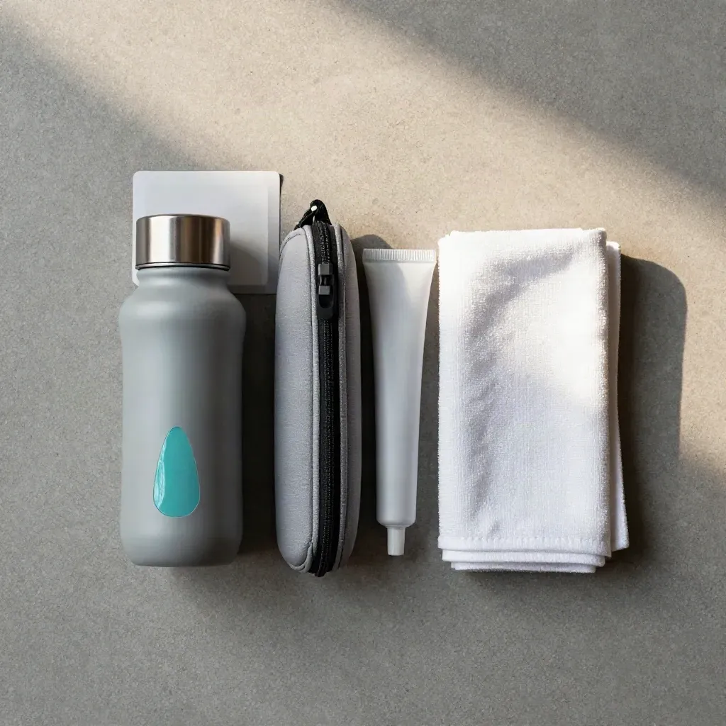 Overhead flatlay of a compact travel hydration kit with bottle, case, tube and folded cloth.