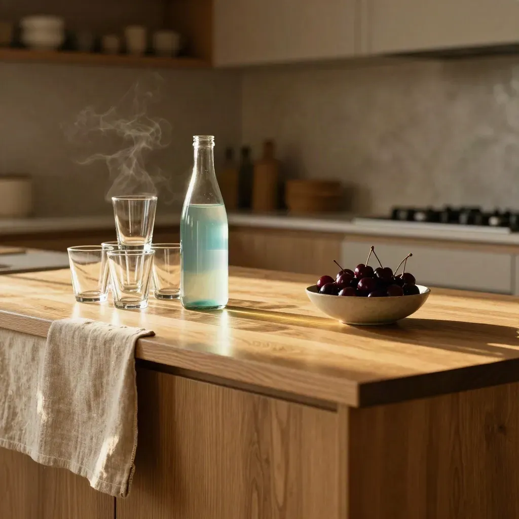 Warm kitchen island with glassware, cherries, linen runner, and a recovery drink bottle in golden light.
