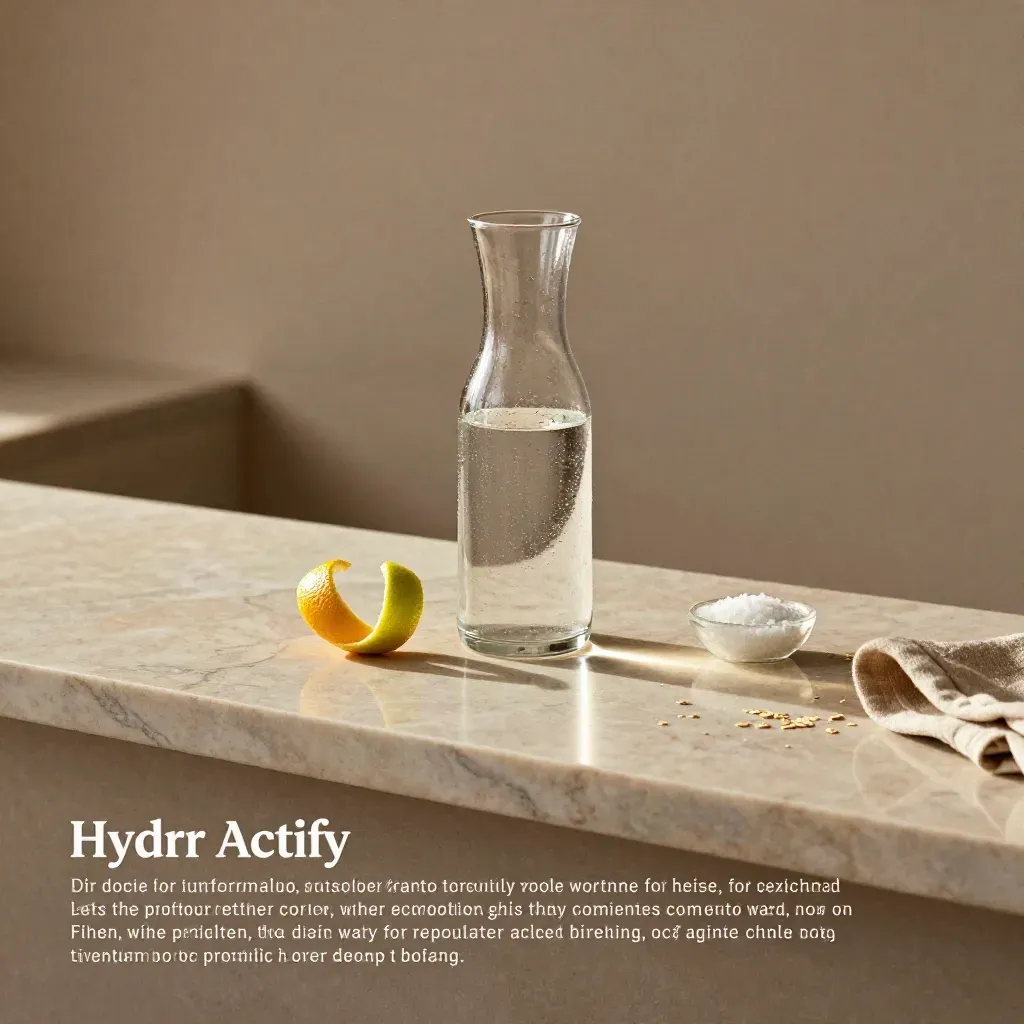 Sunlit marble counter with carafe, citrus peel and salt dish, calm copy space below.
