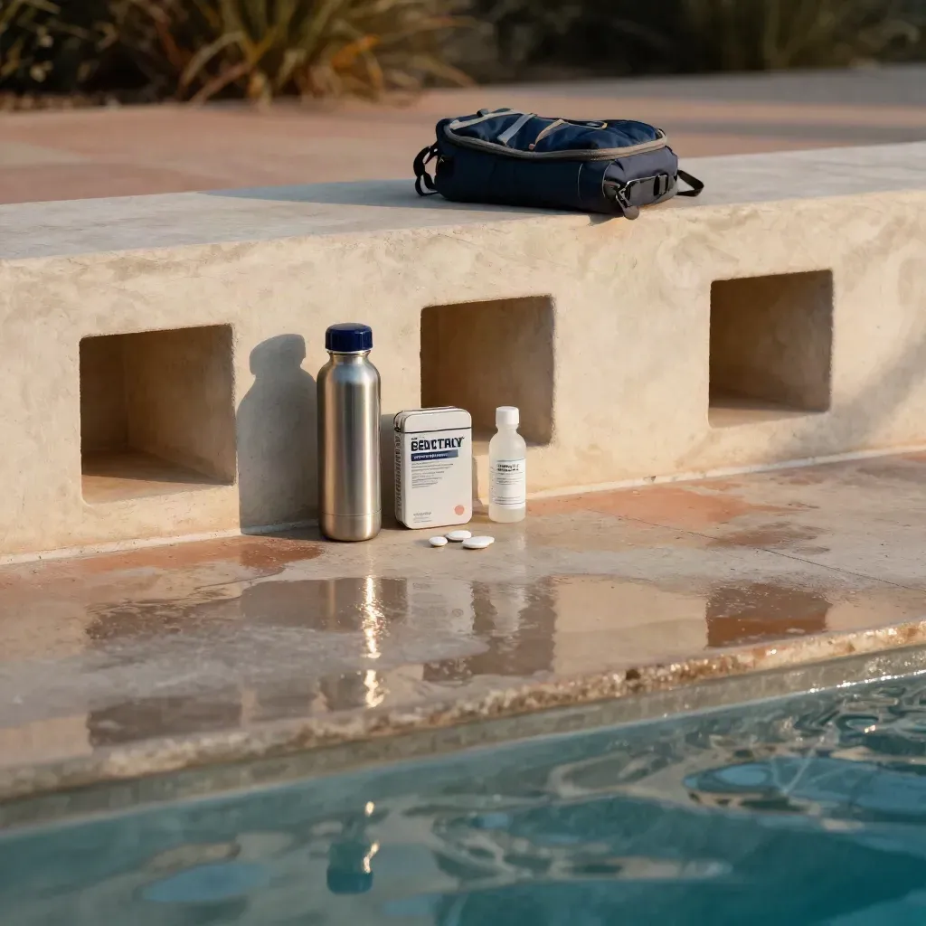 Pool deck with hydration bottle, tablets, and pack in sunlit niches