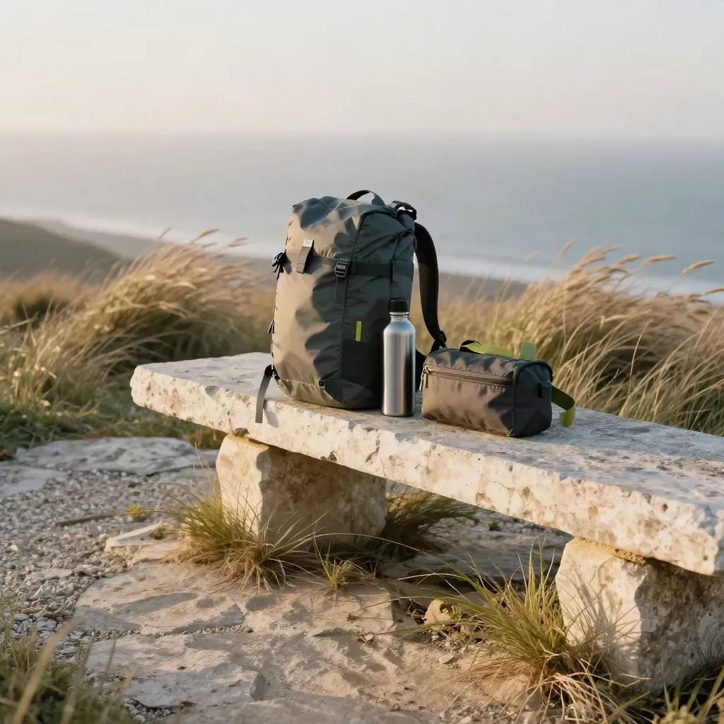 Coastal hillside travel pack setup on a rock shelf above misty sea and dry grass.