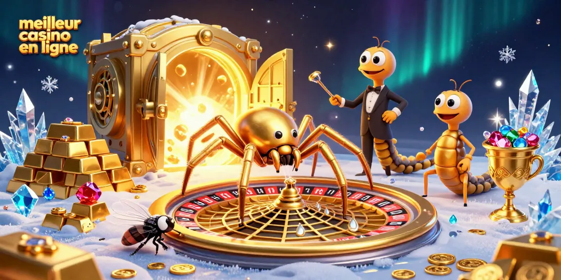 Illustration captivante du meilleur casino en ligne avec une araignée dorée et une roulette.