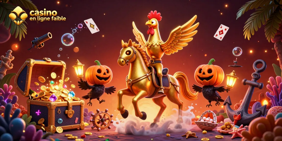 Jouer au casino en ligne fiable dans un univers fantastique avec un coq doré et des personnages intrigants.