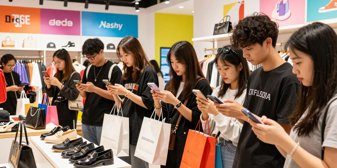 Shopping for high-quality 레플리카 fashion items in a vibrant e-commerce environment, showcasing diverse consumers and trendy accessories.