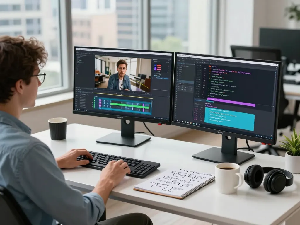 Video to promptgenerator interface in a modern analysis workspace with AI tools on dual monitors.