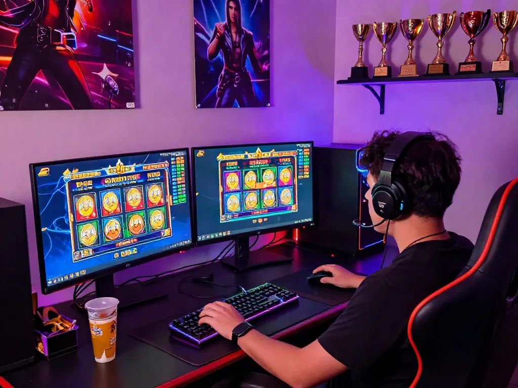 Engaging player enjoying slot online gacor with vibrant gaming setup, showcasing excitement and immersion.