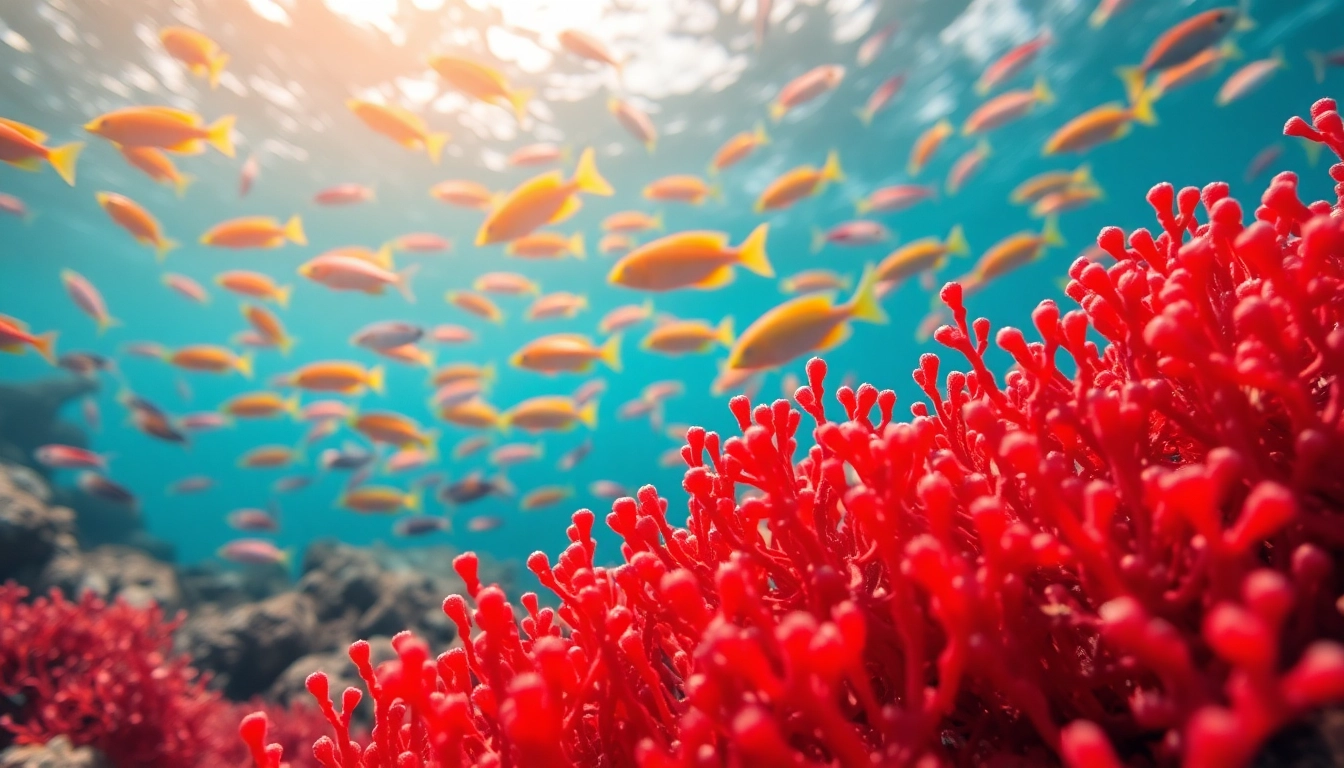 Understand why is astaxanthin red through a vibrant undersea scene featuring red algae.