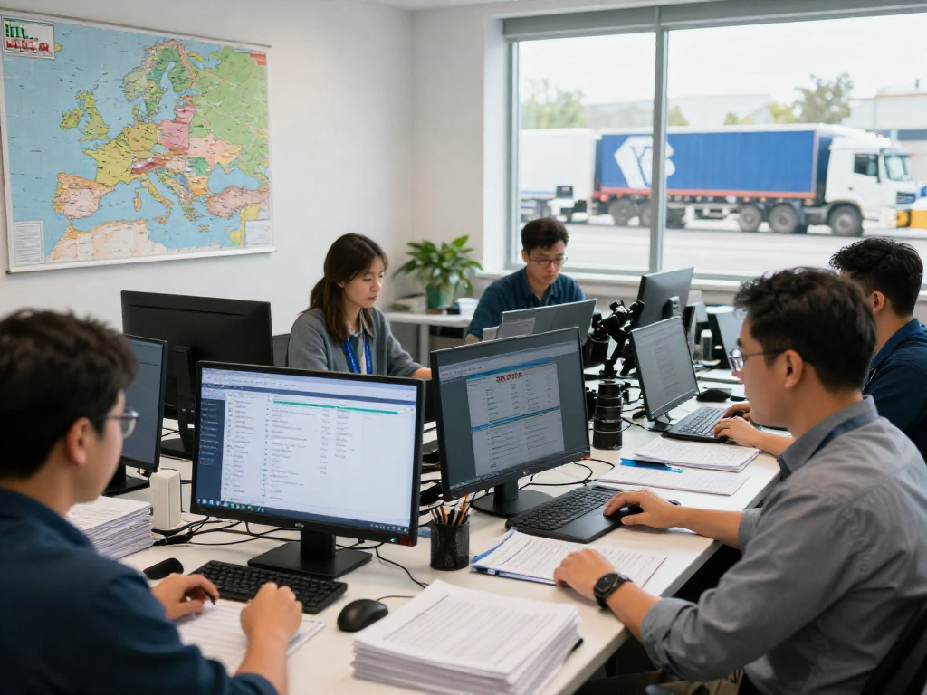 Teilladung Transport von Dortmund, Logistikmanager am Computer, Team bespricht Lieferpläne im Büro.