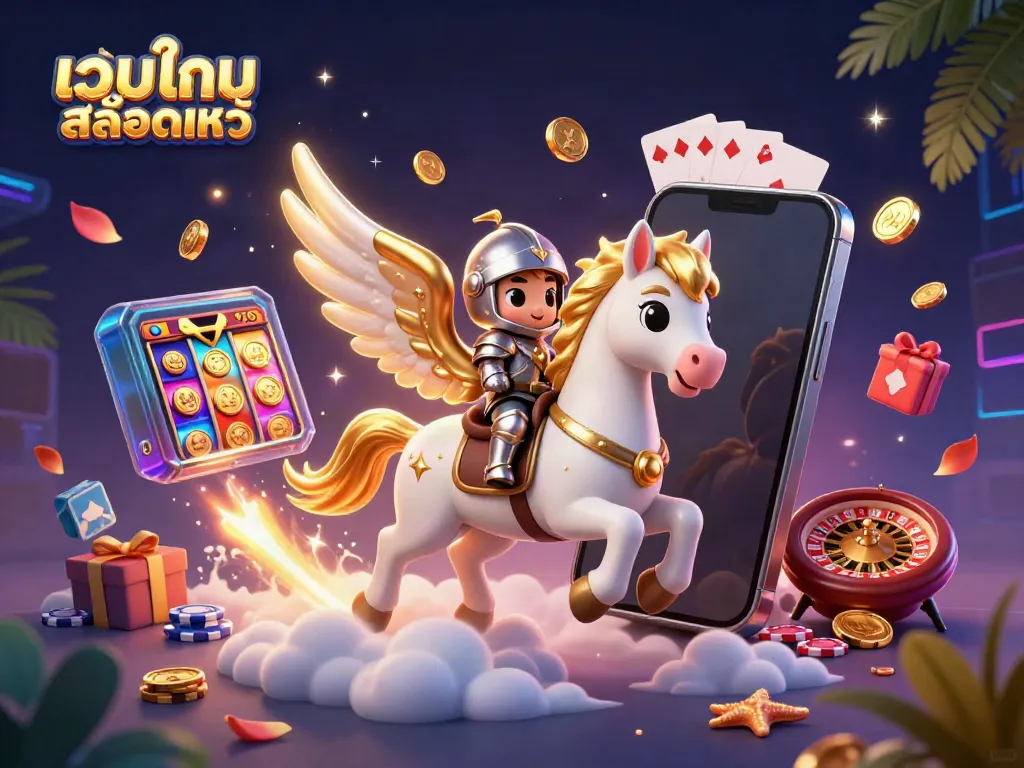 Experience the vibrant world of เว็บเกมสล็อตแท้ with a whimsical knight riding a celestial horse amidst an explosive casino scene.