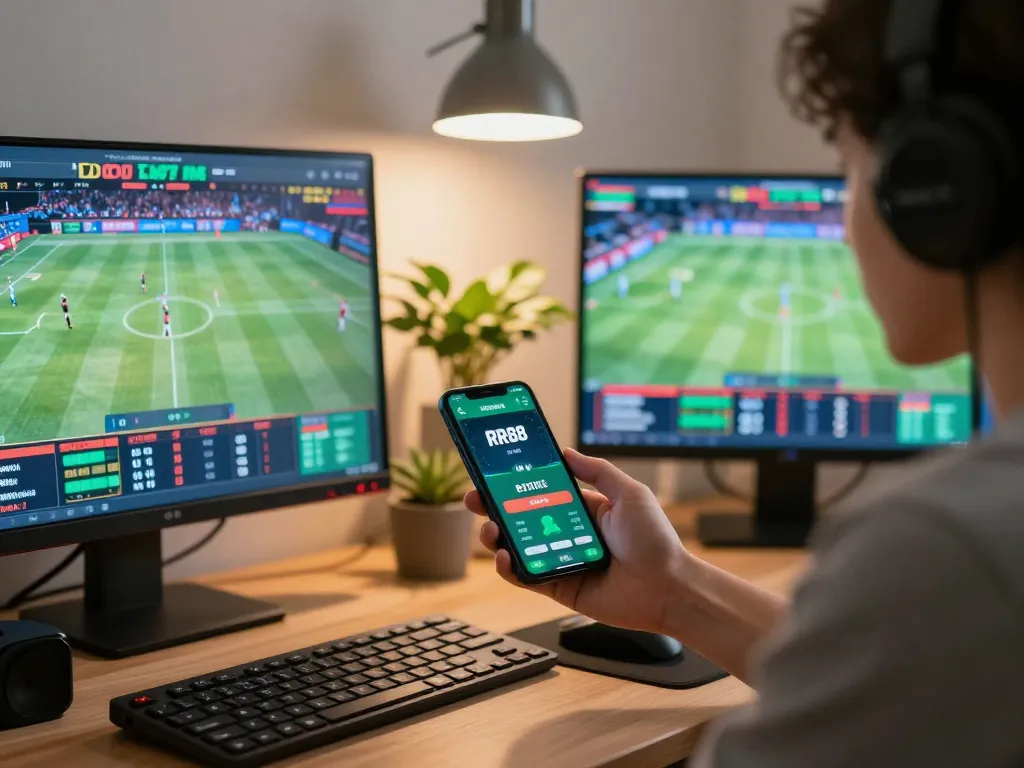 Engaging moment with RR88 betting app on smartphone during an exciting online sports betting session