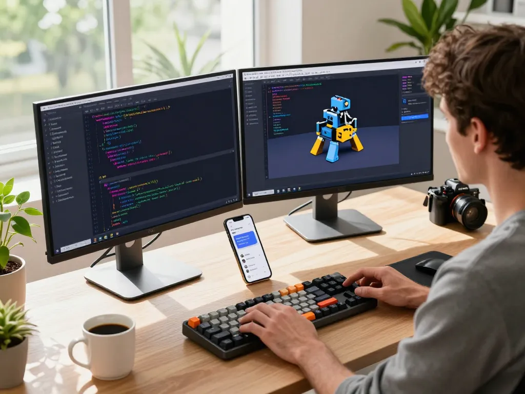 Developer enhancing clawbot functionality in a modern tech workspace