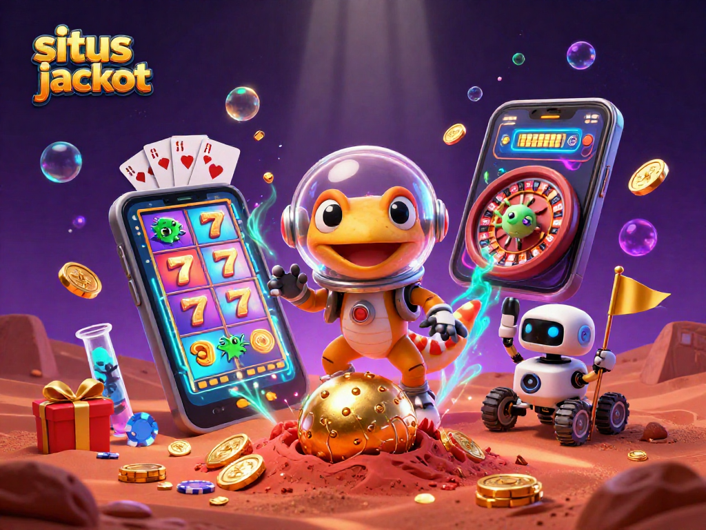 Engage in the situs slot jackpot experience with Martian gecko and robot in a vibrant casino scene.