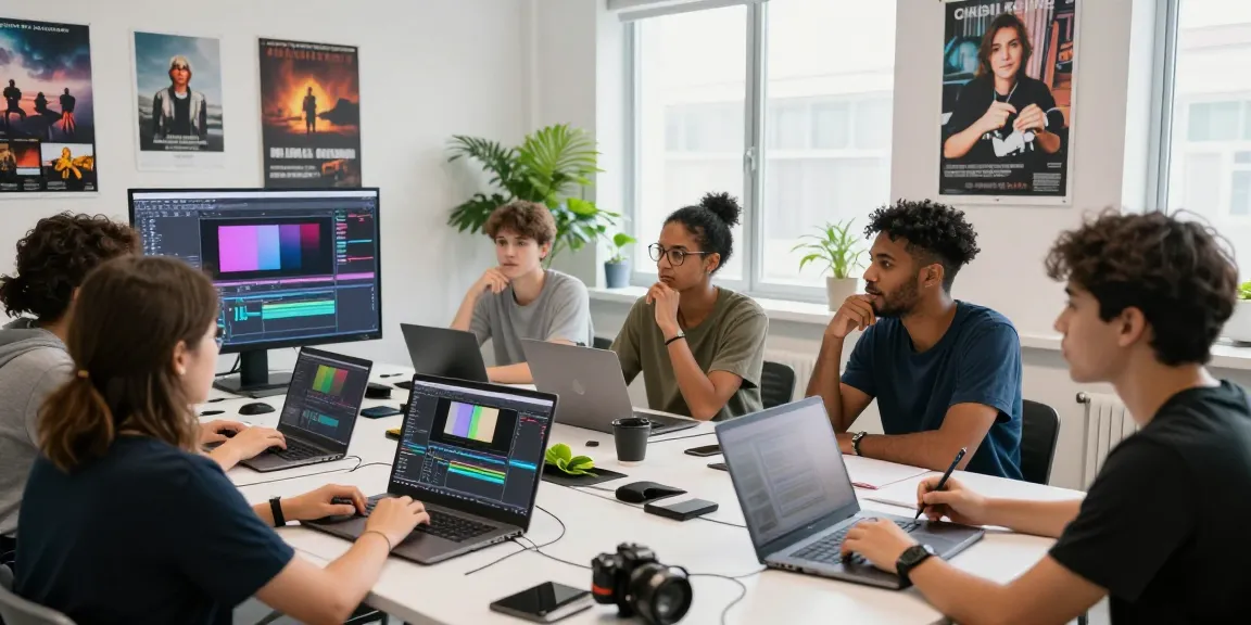 Group learning in an After Effects and color grading workshop, showcasing creative techniques.