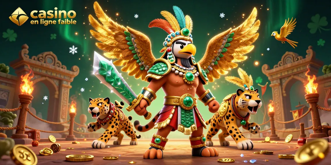 Dans cette illustration vibrante, un casino en ligne fiable est représenté par des guerriers azteques et des éléments de jeu captivants.