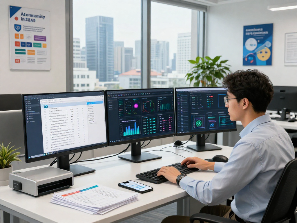 AI detector workspace featuring a data analyst analyzing content moderation metrics and dashboards.