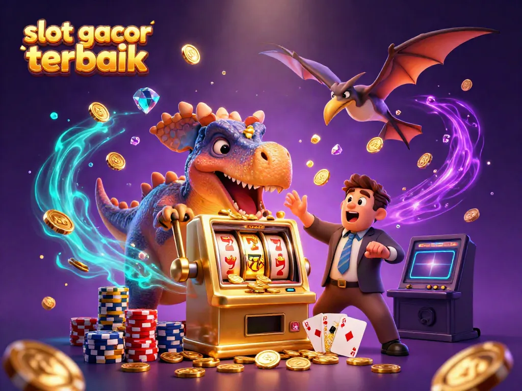 Slot gacor terbaik: Ilustrasi dinosaurus 3D dalam adegan kasino yang berwarna-warni memenangkan koin.