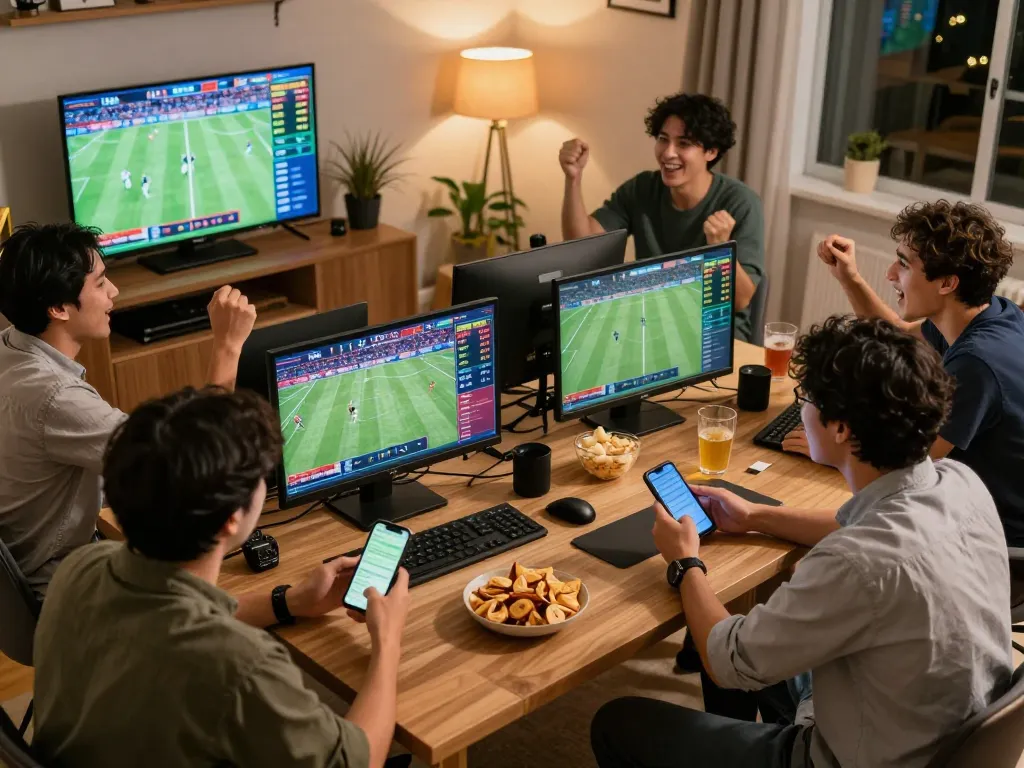Friends cheering while engaging in sports betting using 789win app, enjoying an exciting game night.