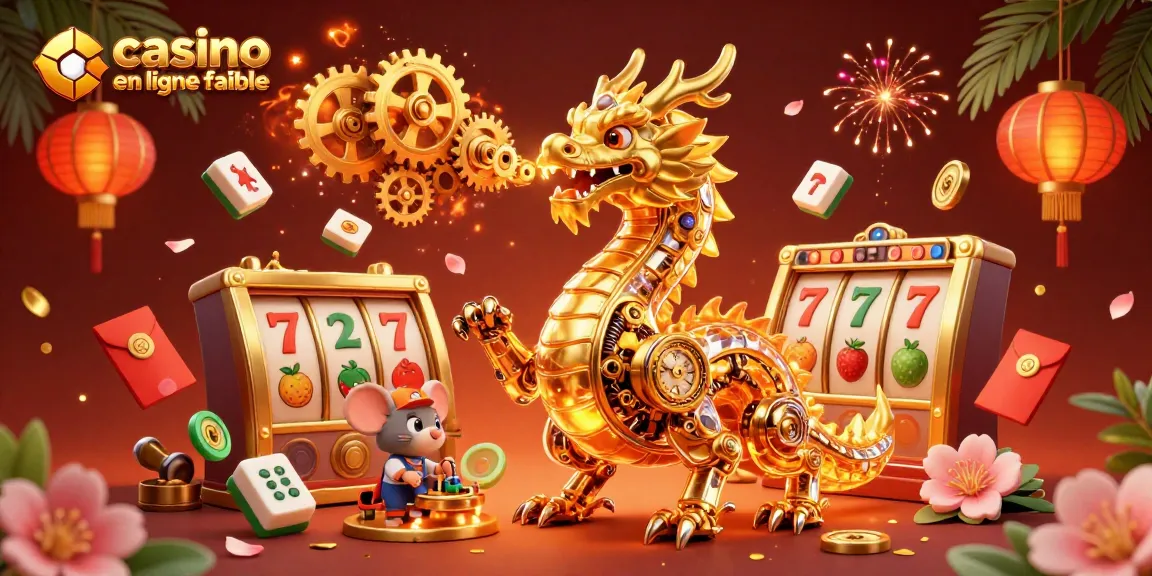 Un dragon doré mécanique et un ingénieur souris animant une scène de casino en ligne fiable avec des symboles chanceux.