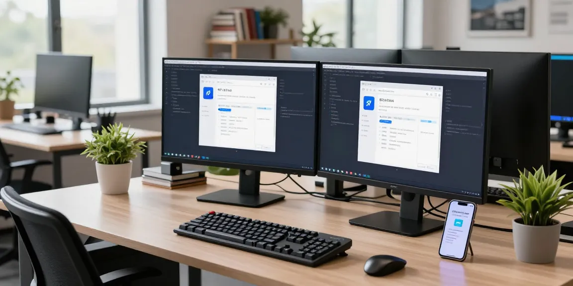 Professional developer coding the 纸飞机官网 app in a modern workspace with multiple monitors.