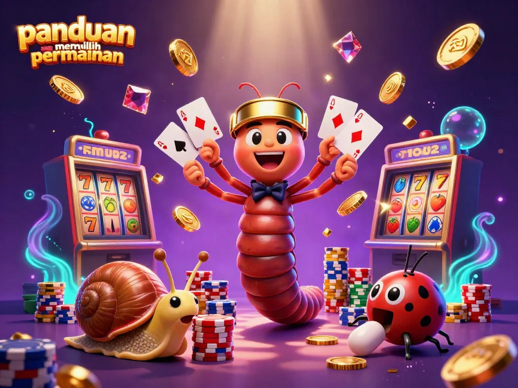 Gambaran panduan memilih permainan slot yang menunjukkan dealer dan simbol dengan kekayaan berkilau.