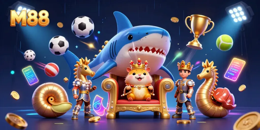 Engage with M88's captivating gambling realm featuring a golden hamster king and sports elements.