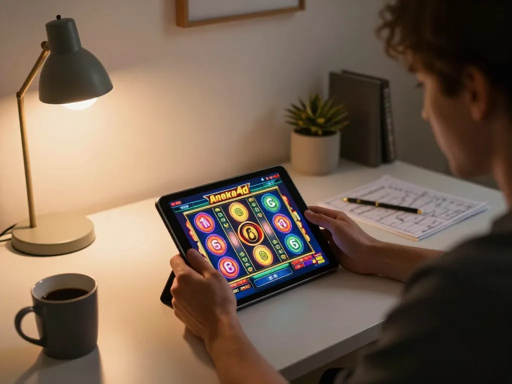 Pemain terlibat dalam permainan slot aneka4d di tablet, menunjukkan suasana kasino online yang cerah