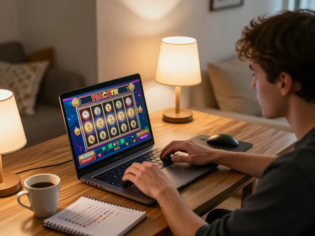 Engaging online player enjoying slot gacor game with focused strategy and warm ambience
