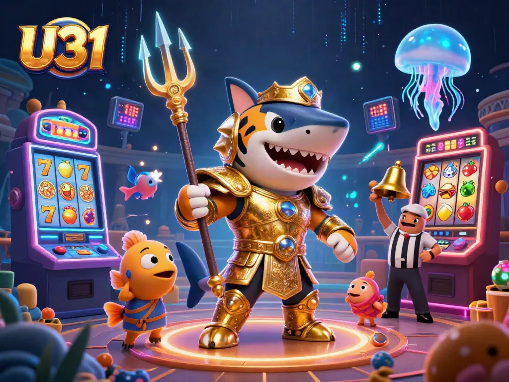 Spin the reels with U31 as the fierce tiger shark leads in a vibrant underwater casino scene.