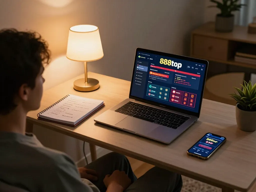 Player enjoying online gaming at 888top with strategic notes visible on a cozy home office setup.