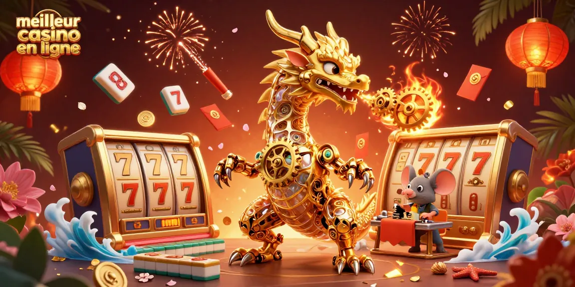 Jouez au meilleur casino en ligne avec des dragons dorés et des éléments de machines à sous animées.