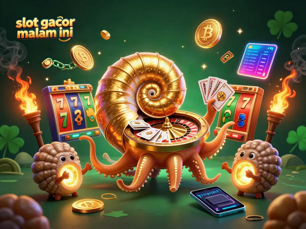 Mainkan slot gacor malam ini dengan gambar 3D yang menampilkan nautilus raksasa dan simbol keberuntungan.