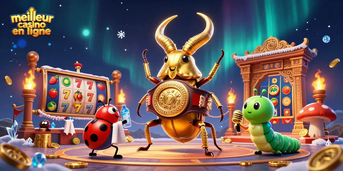 Visuel du meilleur casino en ligne avec un scarabée géant et des symboles de machines à sous.