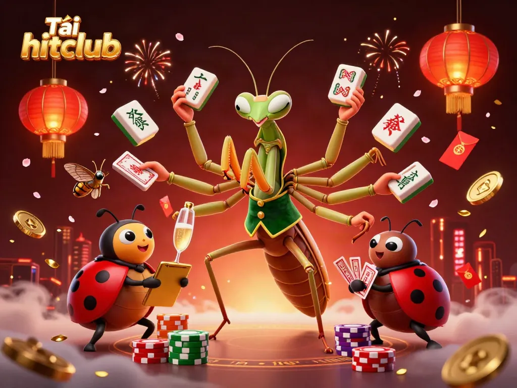 Tải hitclub with dynamic characters in a vibrant casino scene, featuring a giant mantis card sharp and a ladybug pit boss.