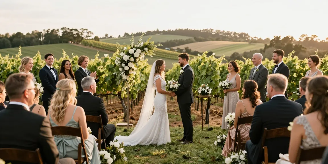 Wedding photographer Pokolbin capturing a couple's joyful outdoor ceremony surrounded by vineyards.