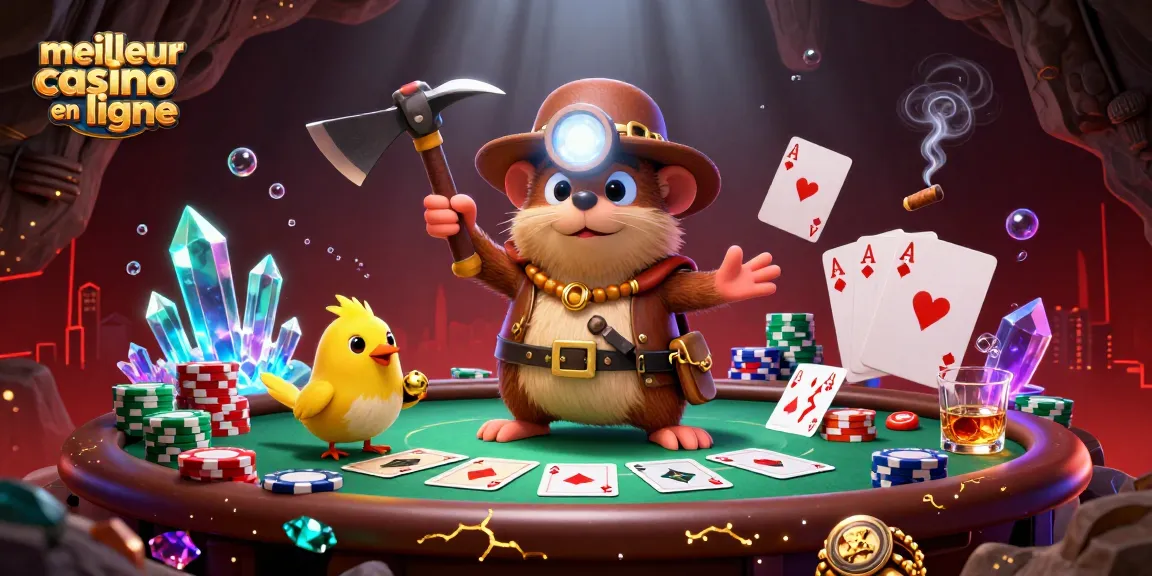 Jouez au meilleur casino en ligne avec ce dessin animé illustratif de jeux de poker et un personnage de fouine.
