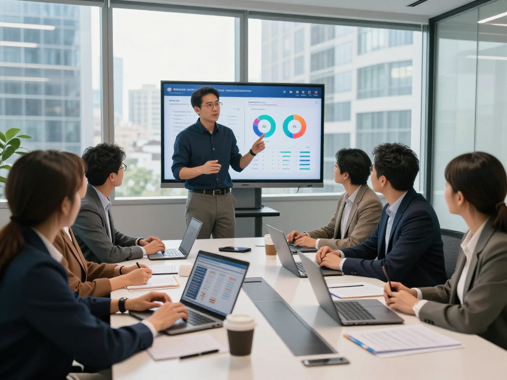 Engaged political consultants devising digital fundraising for campaigns in a modern office.