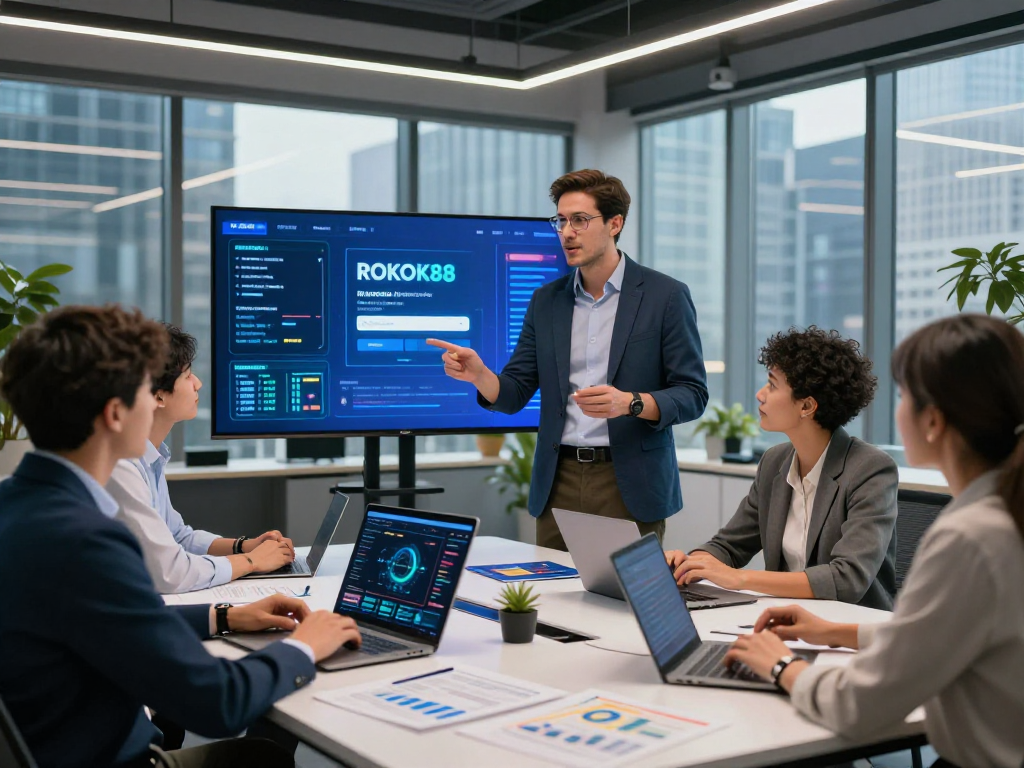 People collaborating on virtual property investments, discussing ROKOK88 login in a modern office.