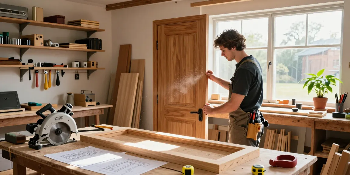 Woodworking scene showcasing a carpenter crafting a custom door for abacasdoors.co.uk, highlighting tools and natural light.