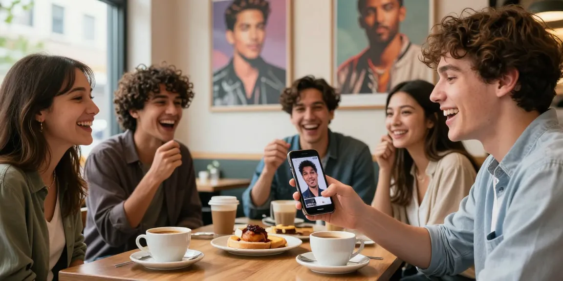 Person enjoying a lively café moment while discovering celebs i look like with friends, showcasing excitement and social interaction.