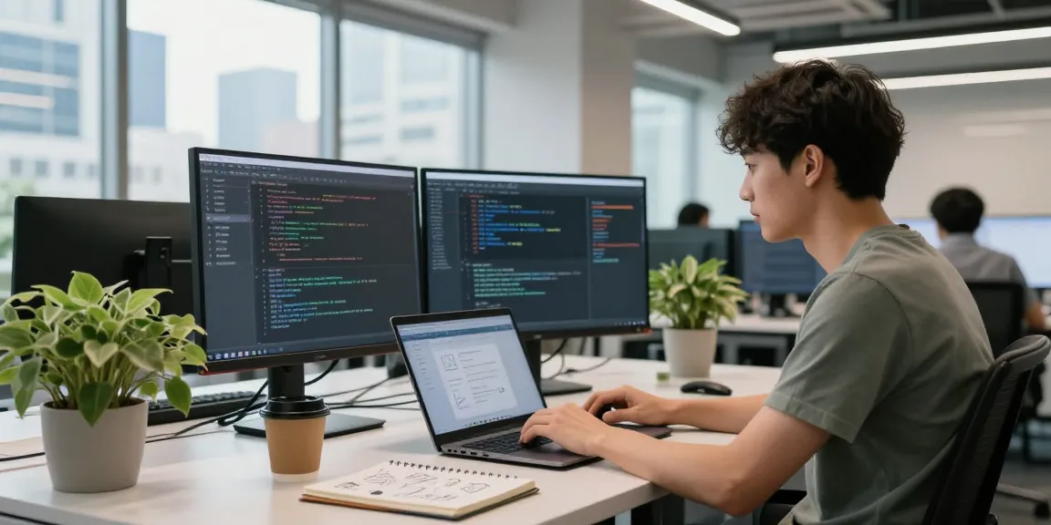 Engineer focusing on WhatsApp下載 on multiple screens in a modern office.