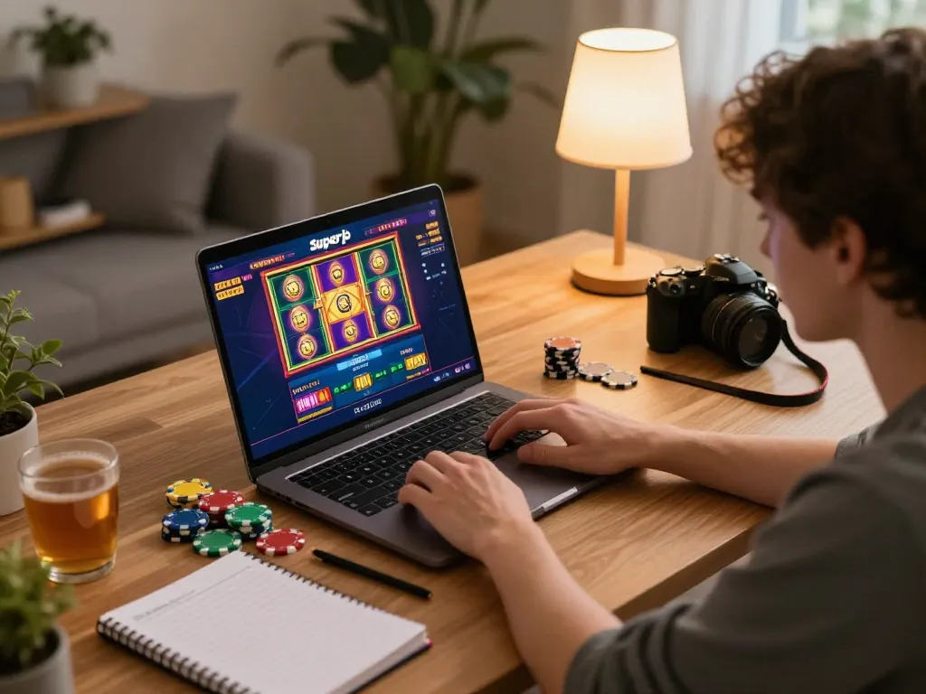 Engaged player enjoying superjp online gaming experience in cozy home setup