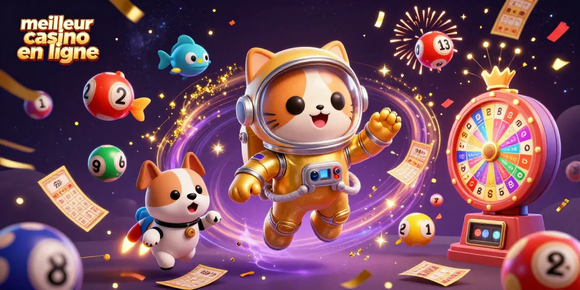 Visualisez le meilleur casino en ligne avec un chat astronaute et des éléments de loterie colorés en action.